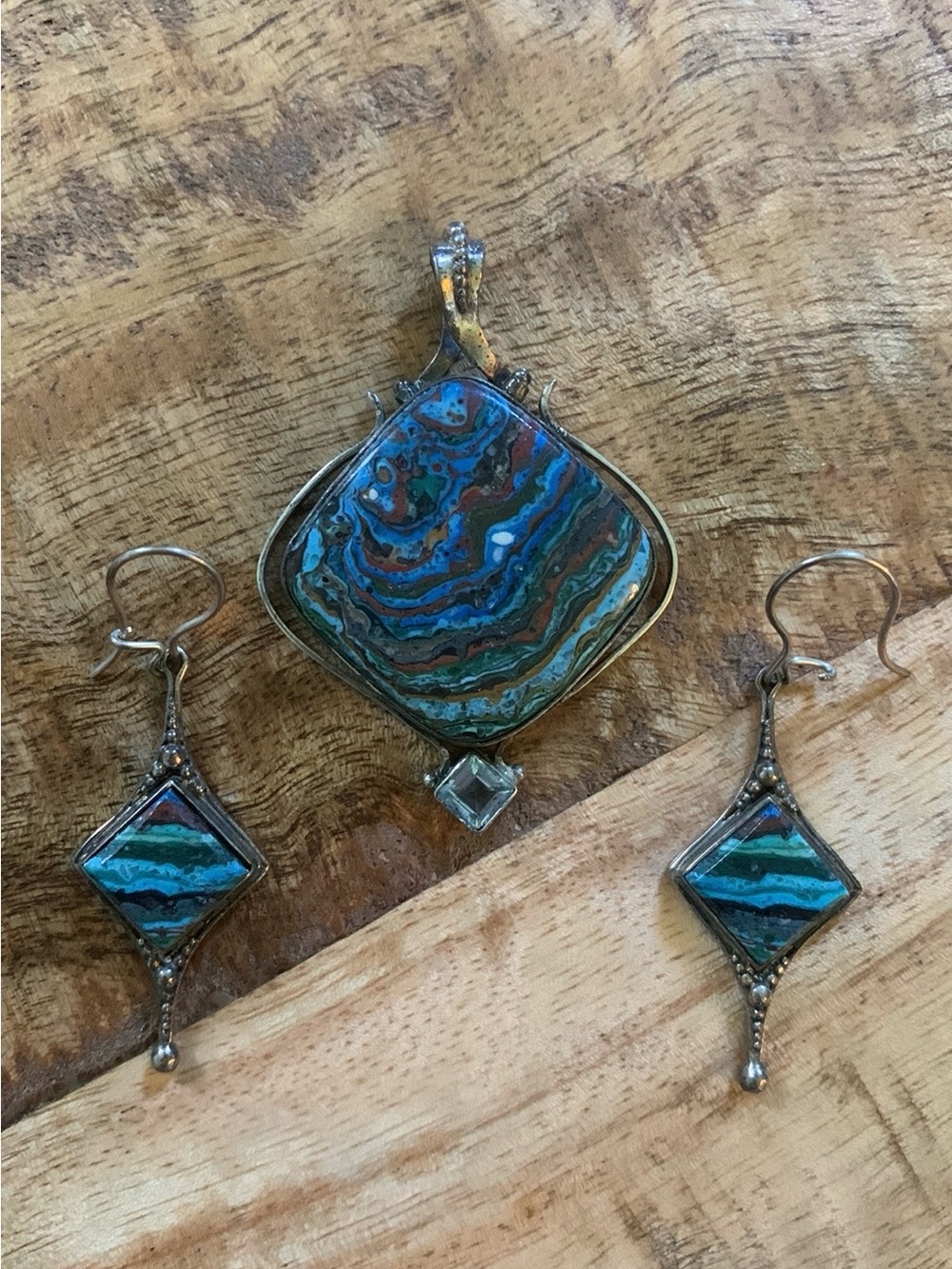 Vintage Rainbow Calsilica & Sterling Silver Pendant & Matching Earring Set